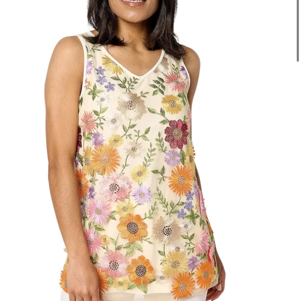 Dennis Basso Multicolor Floral Embroidery Sleeveless Tank Top Large/XL Cream